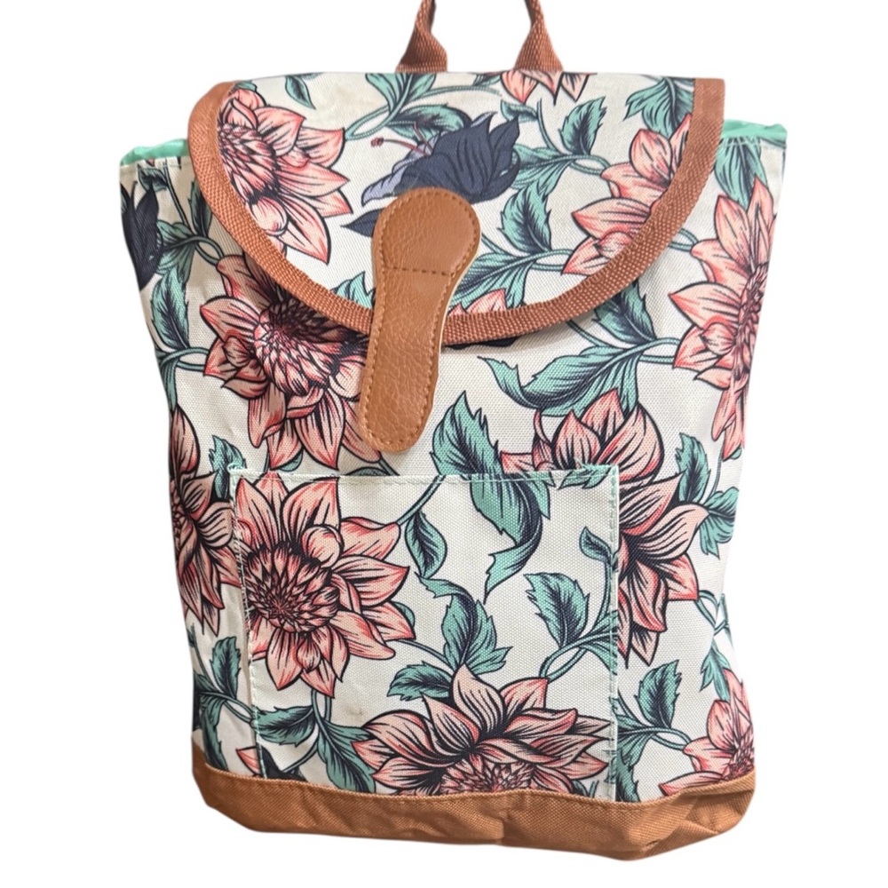 Floral Small Backpack with Tan Accents- Drawstring and Magnetic Closures